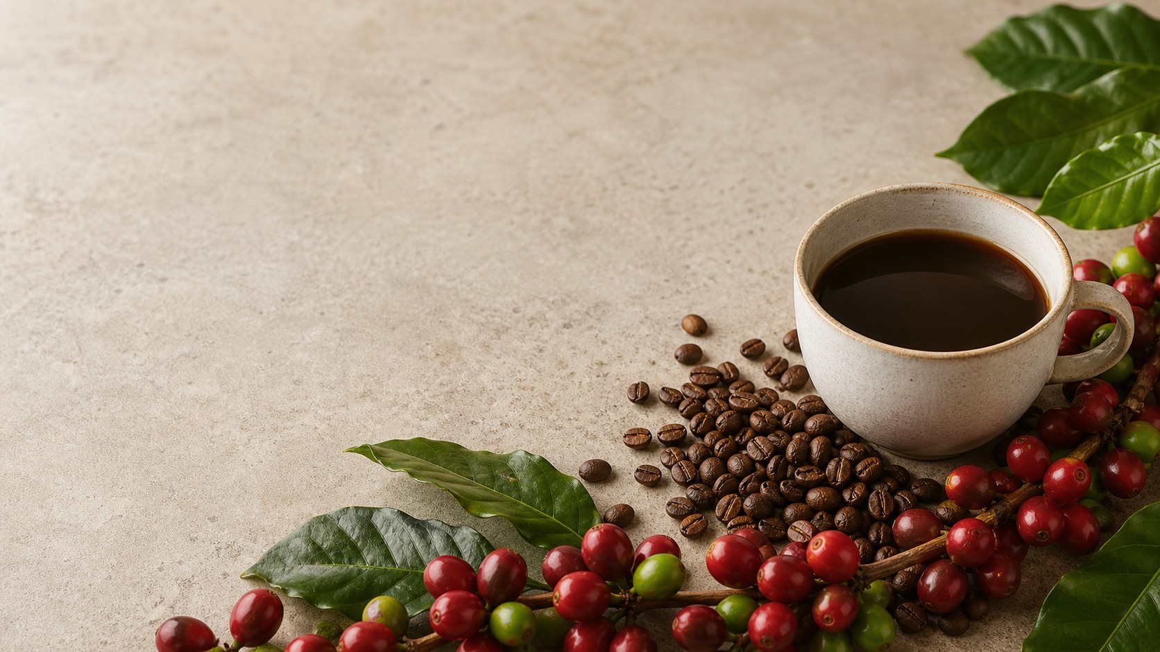 Coffee beans and a finished cup showing the journey from farm to cup